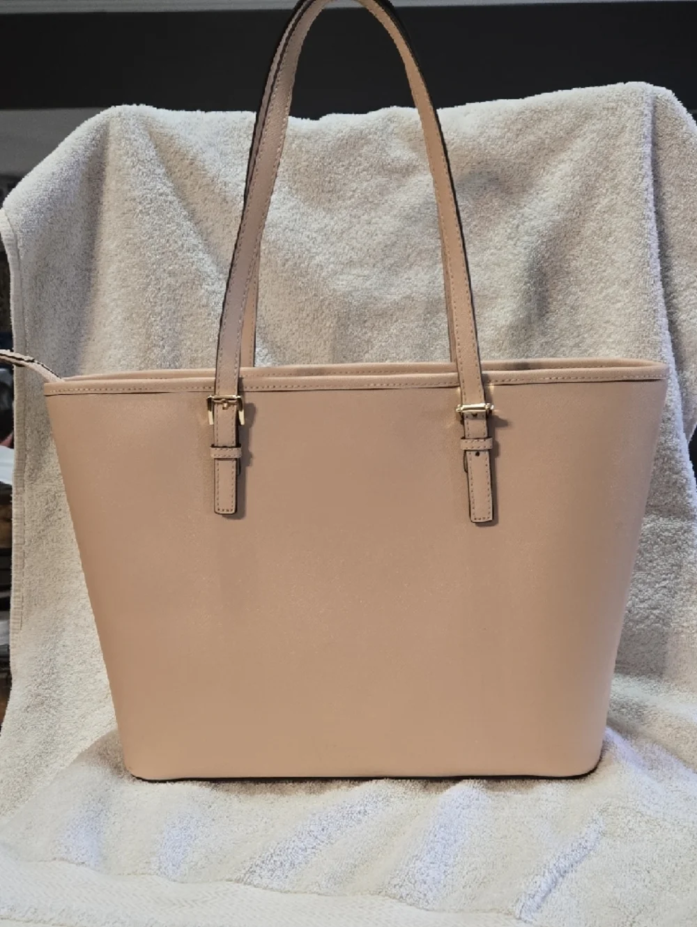 Michael Kors Nude Saffiano Leather Tote with Gold MK Charm - Picture 5 of 8